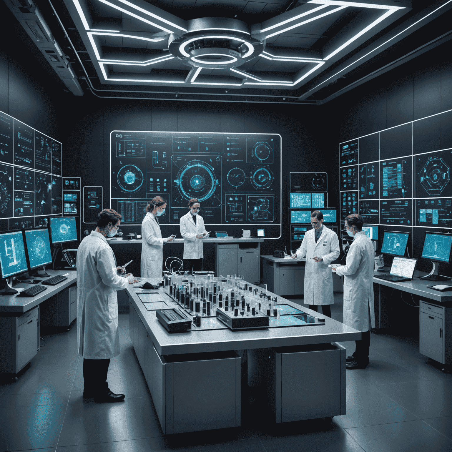 A futuristic laboratory with scientists working on advanced qubetic equipment, holographic displays showing complex qulibelic formulas