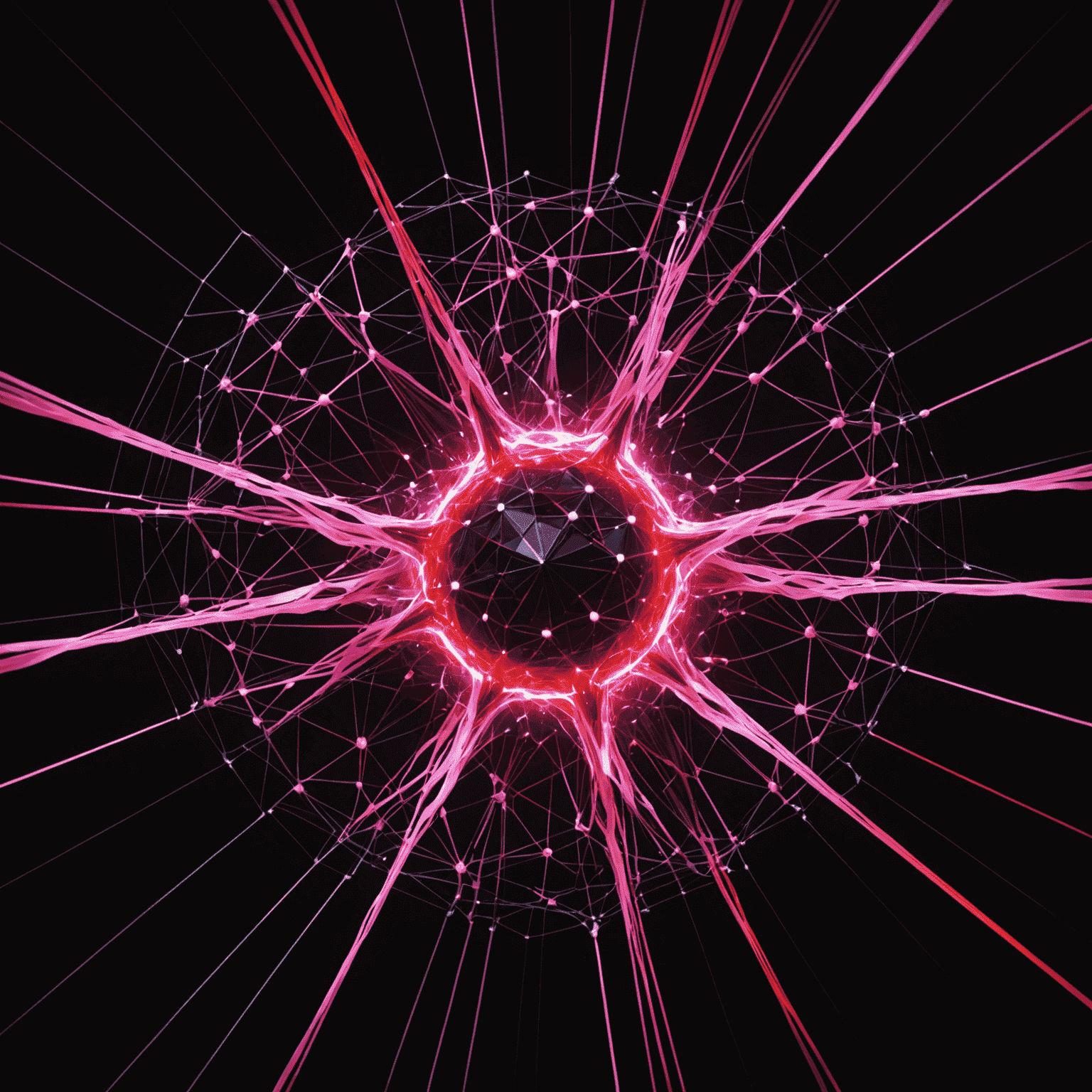 A futuristic visualization of qulibelic technology, showing interconnected nodes with pulsating red and pink energy streams against a black background