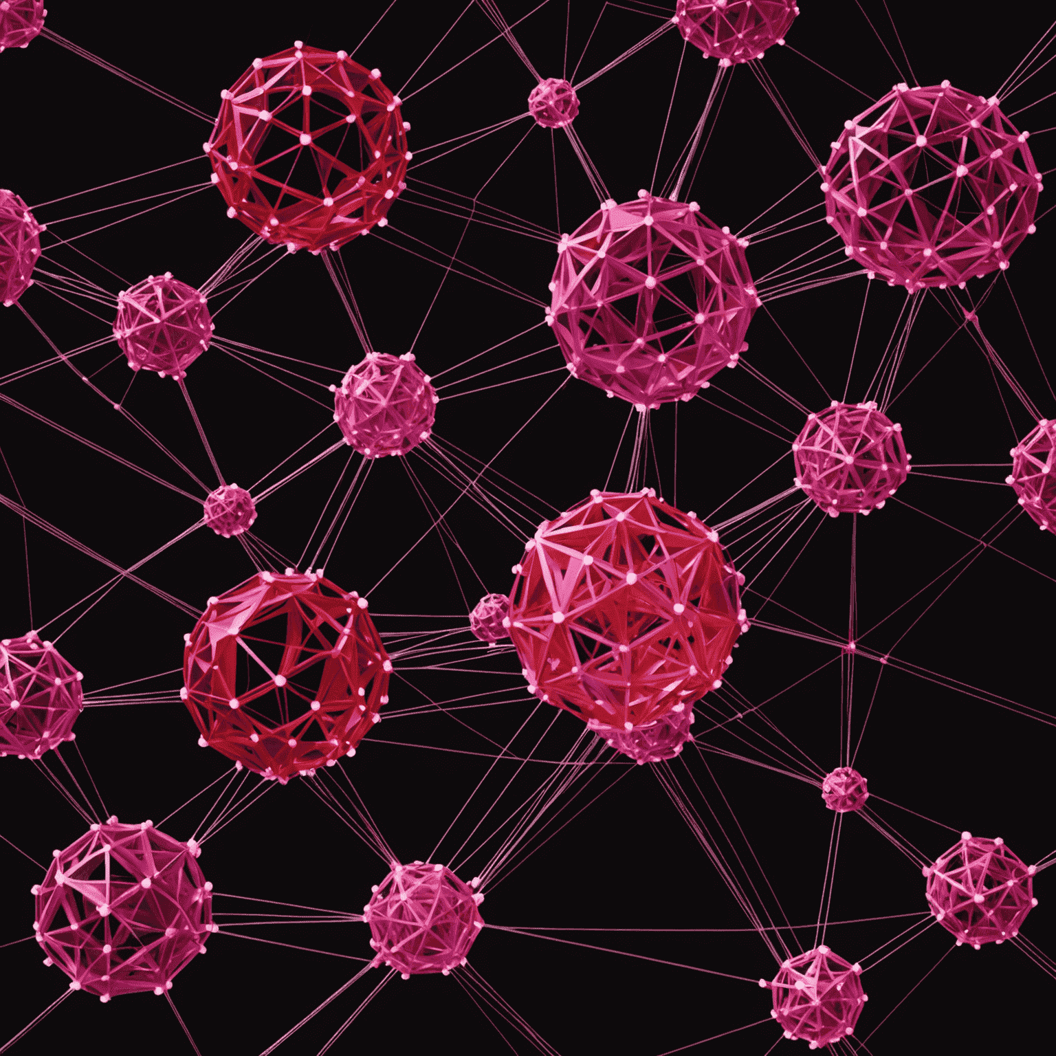 A futuristic visualization of qubetic applications interacting with qulibelic systems, showing interconnected nodes and data streams in vibrant red and pink colors against a black background