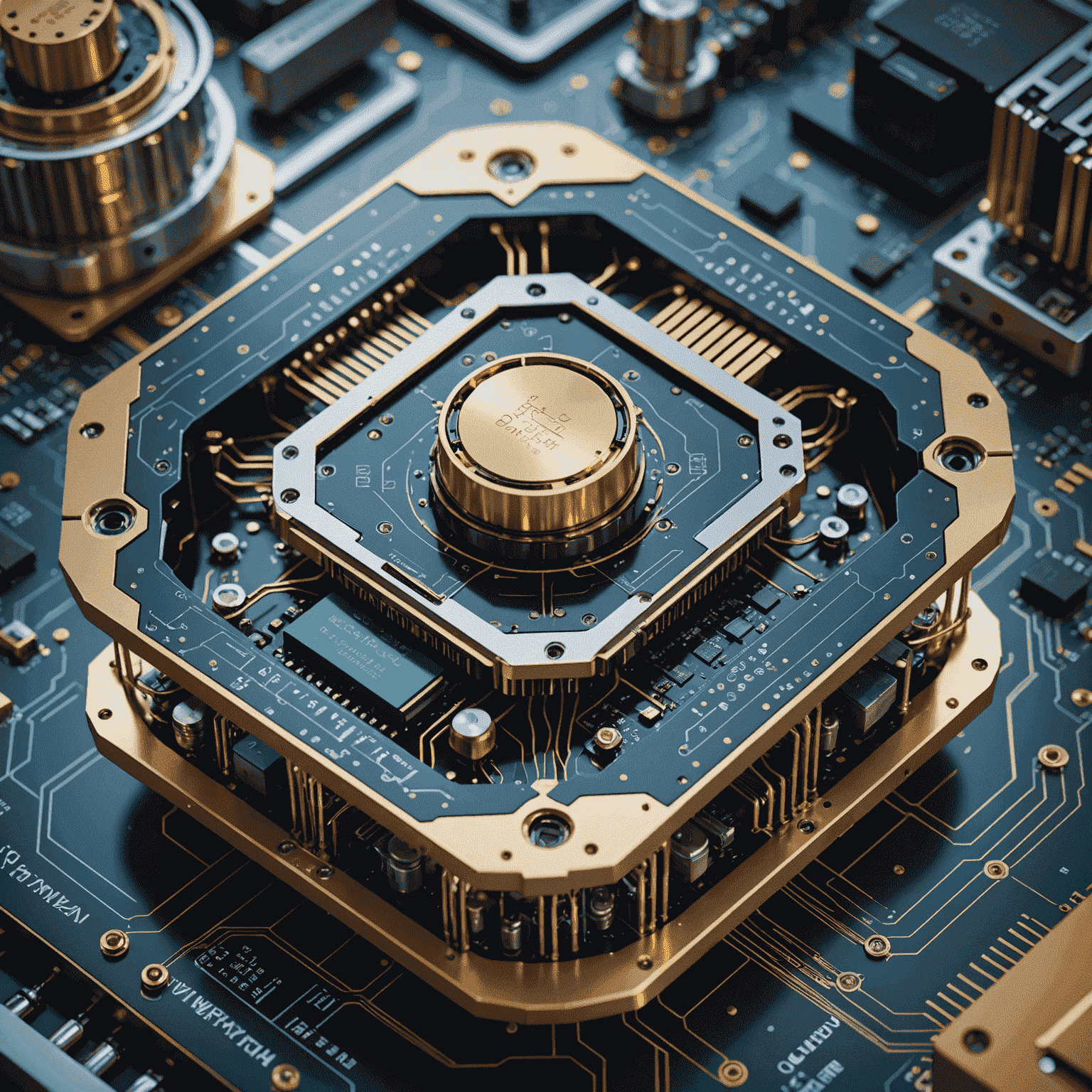 A futuristic representation of quantum computing with interconnected qubits and complex circuitry, showcasing the power and potential of quantum technology