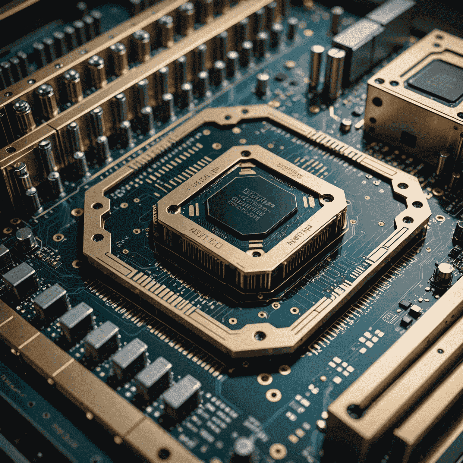 A close-up image of a quantum processor with intricate circuitry and cooling systems, showcasing the cutting-edge technology behind quantum computing