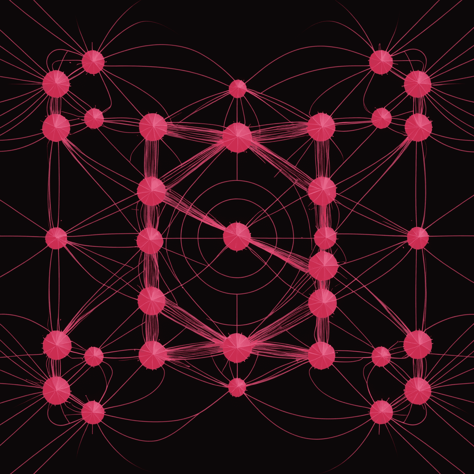 Visual representation of qubit optimization techniques, showing interconnected quantum gates and waveforms in vibrant red and pink colors against a black background