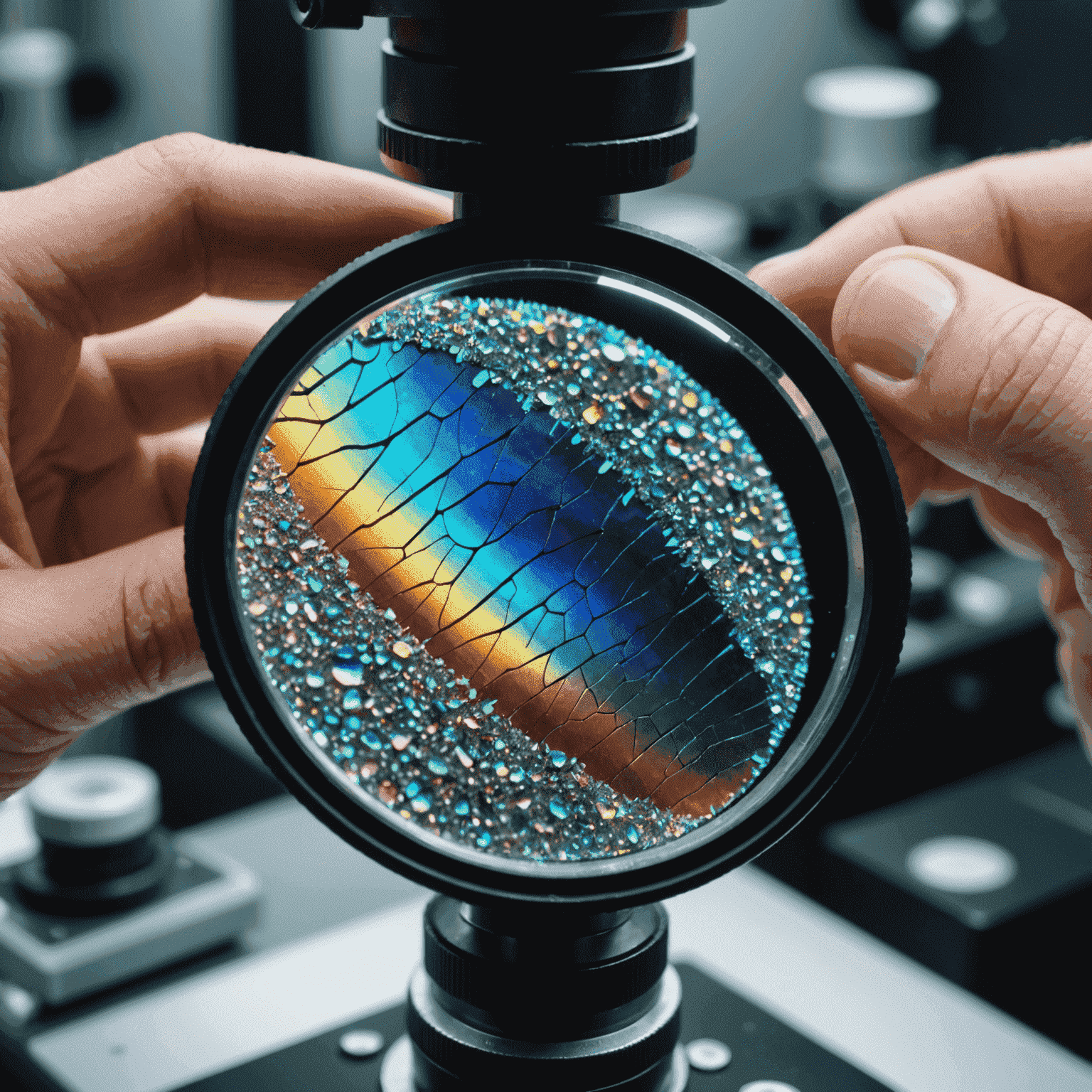 Close-up of a shimmering, iridescent qulibelic material sample under a microscope, with researchers in the background