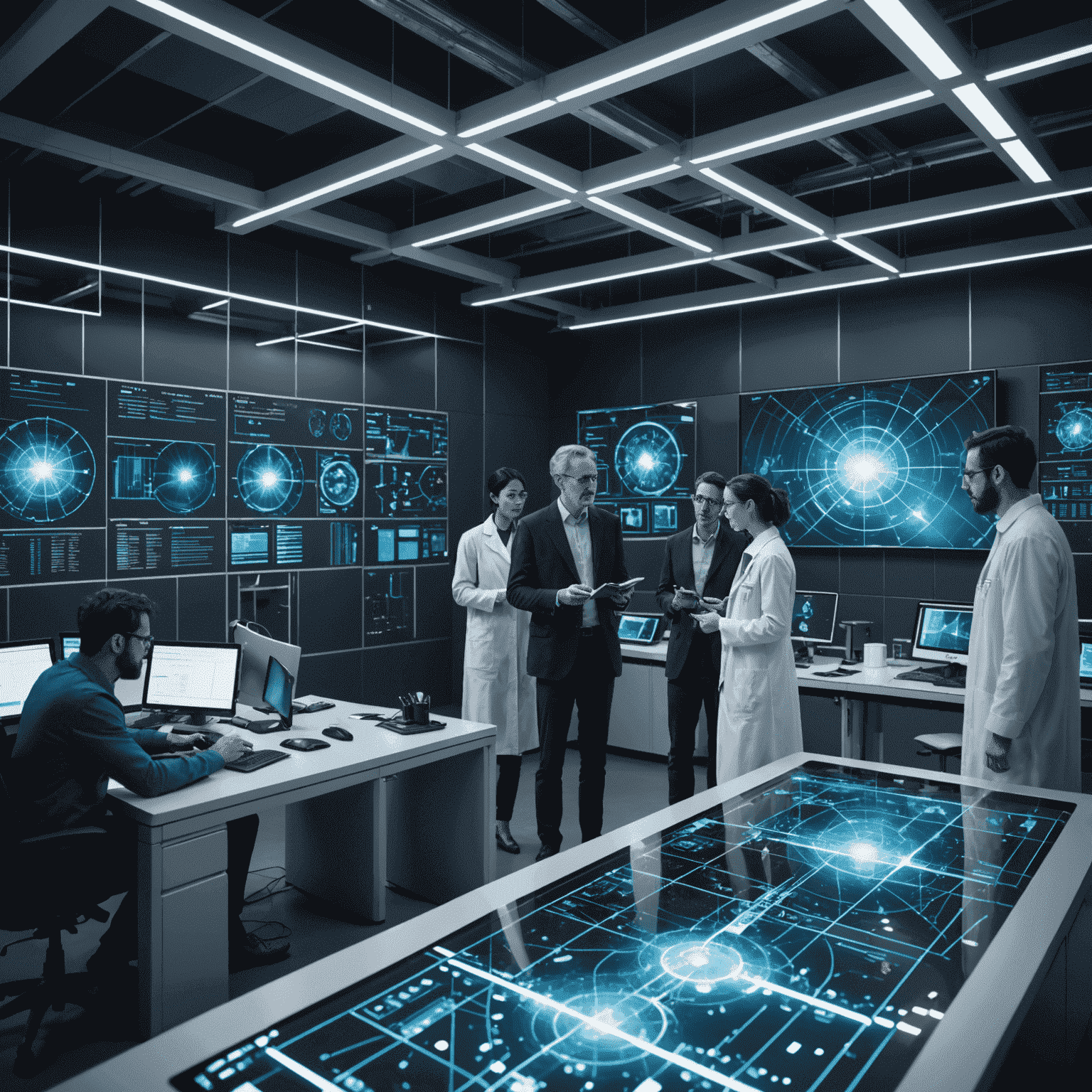 A group of diverse scientists and engineers collaborating in a high-tech qulibelic research facility, surrounded by holographic displays showing complex qubetics data