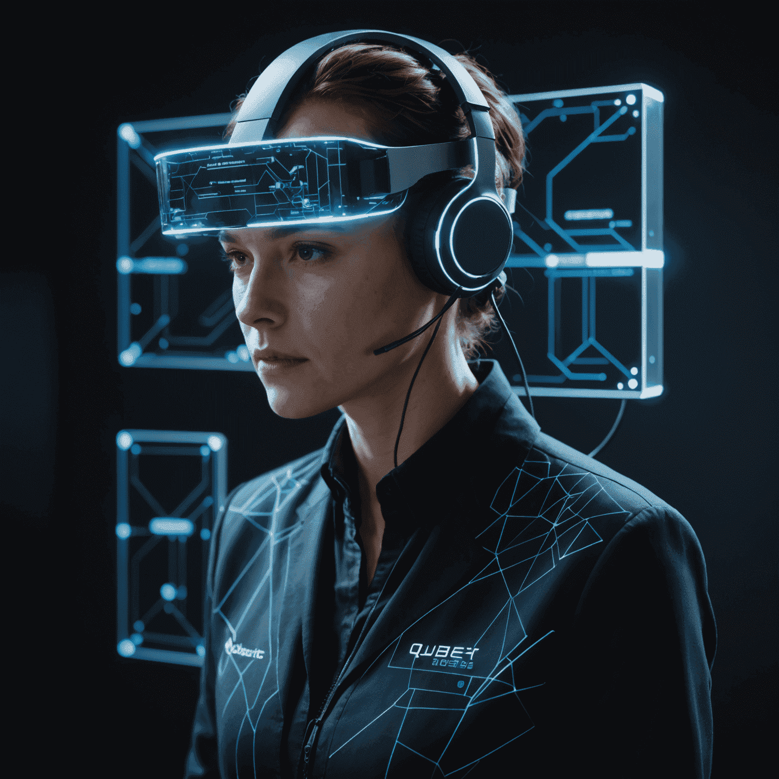 A person wearing a sleek headset interfacing with holographic qubetic displays, showcasing the Qubetic Cognitive Interface in action