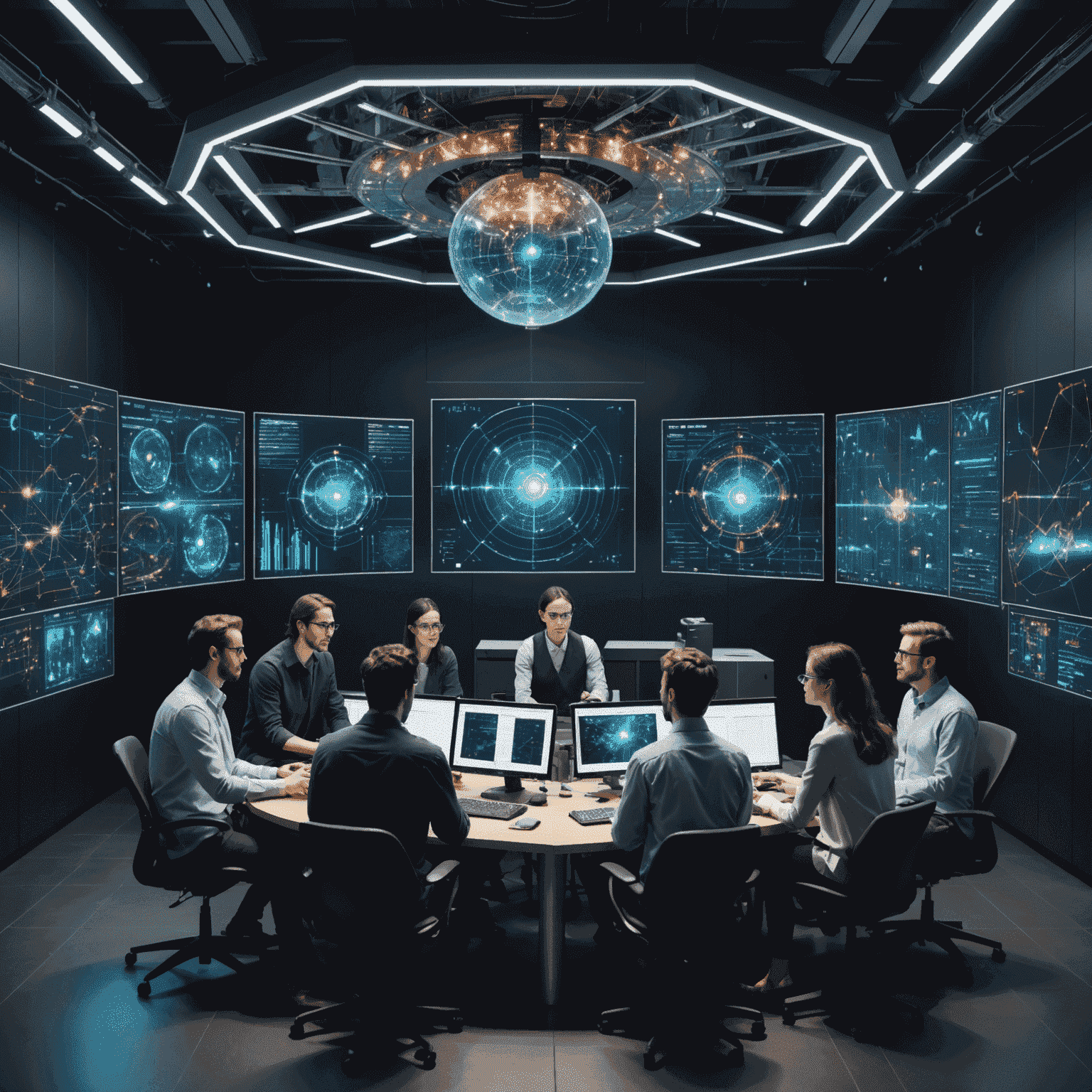 A team of diverse quantum physicists and computer scientists collaborating on a complex quantum algorithm design, surrounded by holographic displays showing quantum circuits and data visualizations