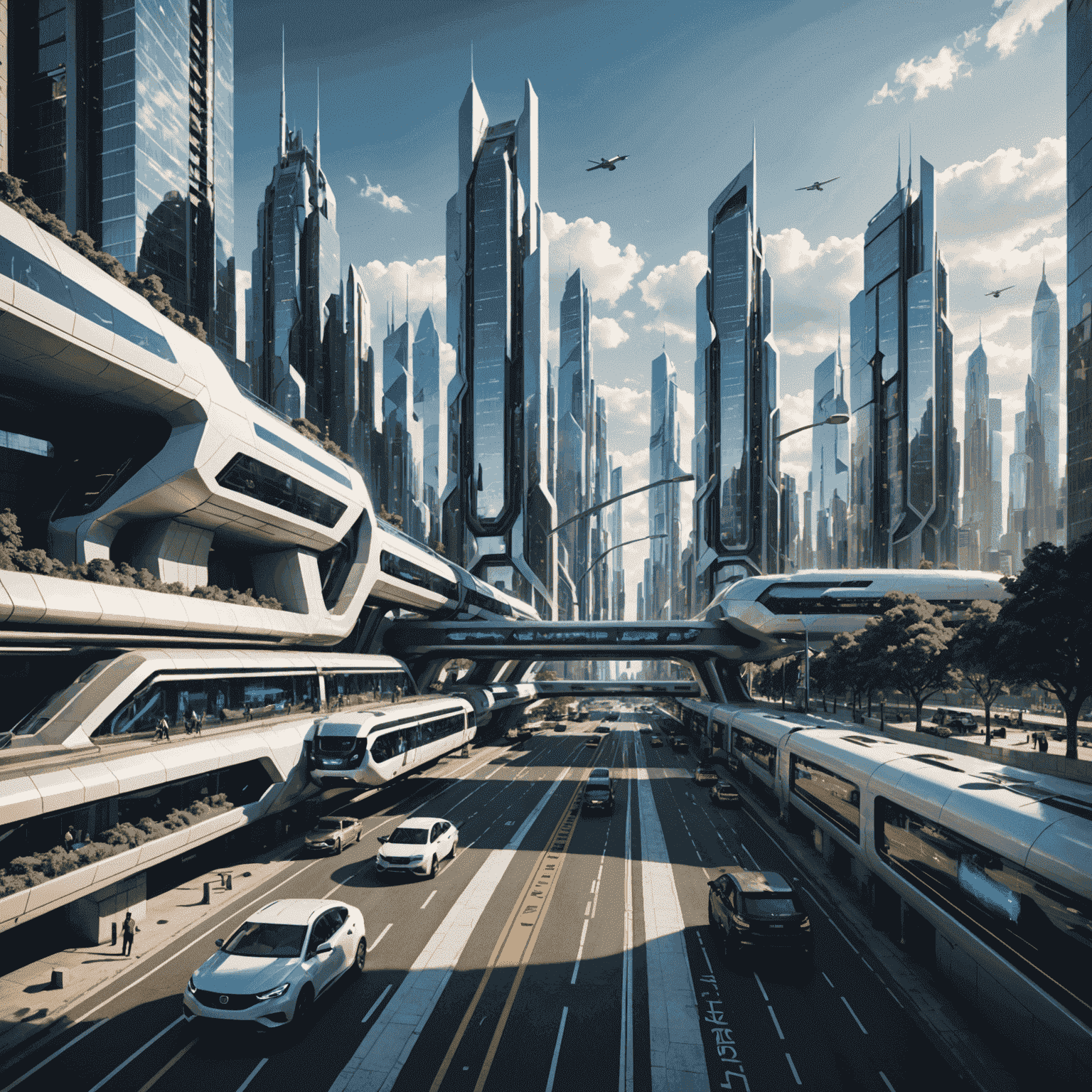 A futuristic cityscape with integrated qubetic technology visible in transportation, communication, and energy systems