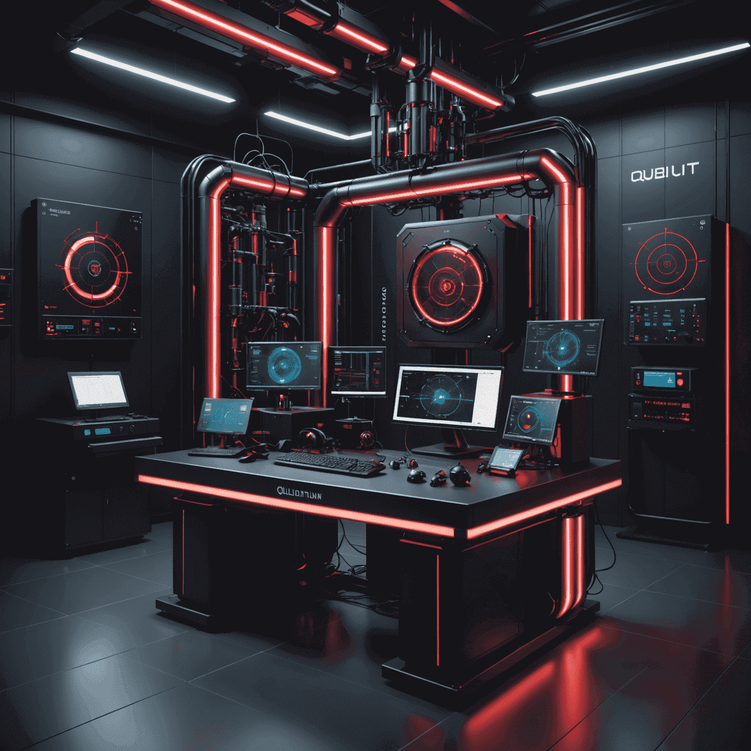 Futuristic laboratory setup showcasing Qulibelic's qubit optimization equipment, with sleek red and black design elements and holographic displays of quantum states