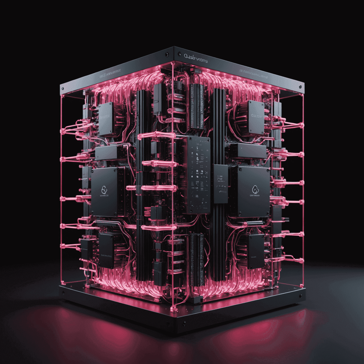 A futuristic visualization of a quantum computer, with glowing qubits arranged in a complex 3D structure, emitting streams of data represented by red and pink light particles against a black backdrop
